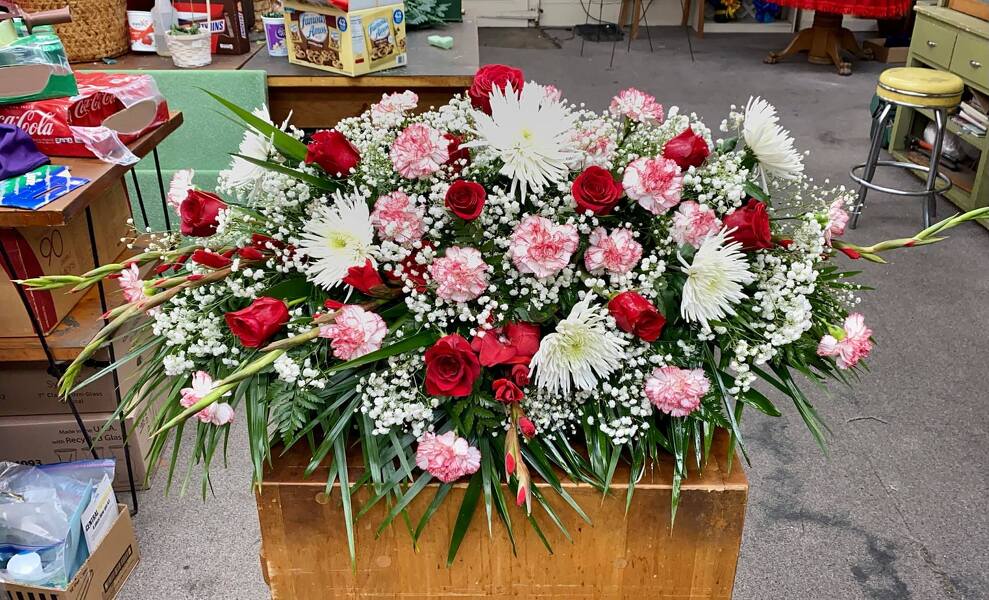 Red & White Spray from Rogers Florist, your flower shop in Meridian, MS